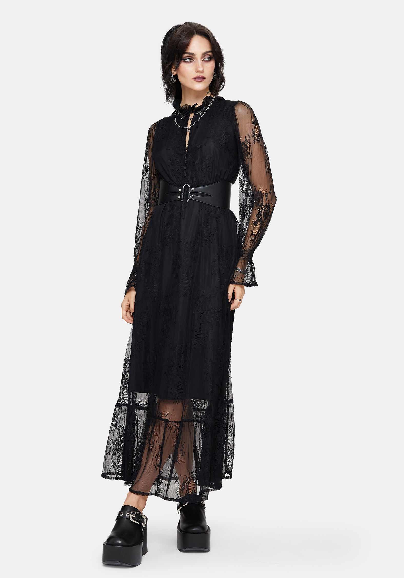 long lace black dress with sleeves Sleeve Scalloped Maxi a mock neckline (with button Long Modest Prom Dress with