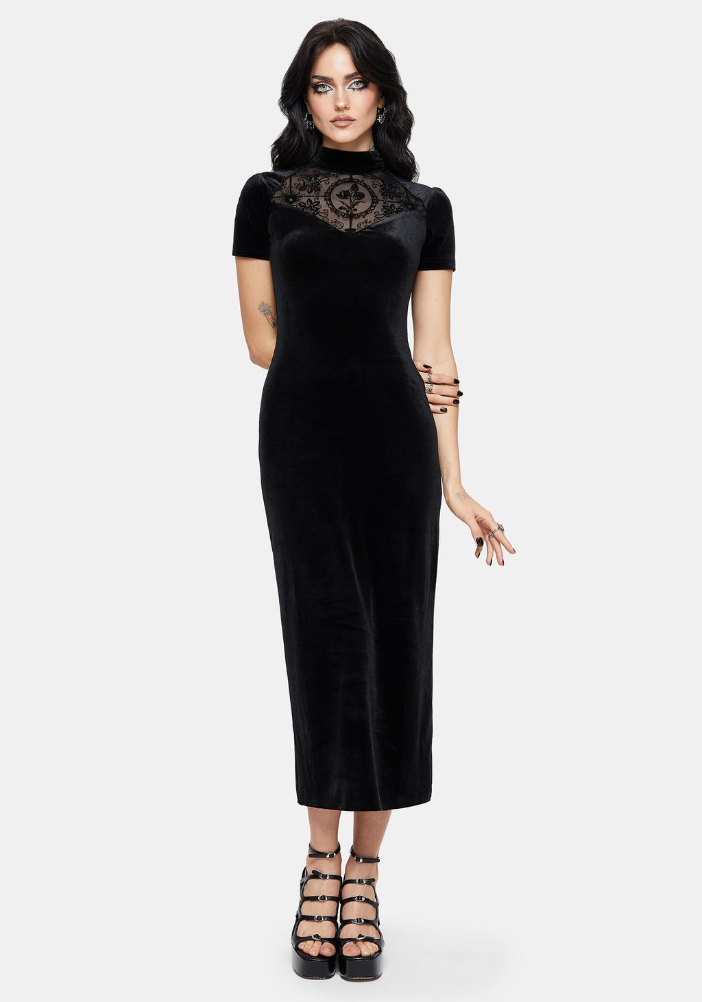 Cameo High Neck Flocked Mesh Insert Midi Dress Disturbia Cameo High Neck Flocked Mesh Insert Midi Dress Disturbia