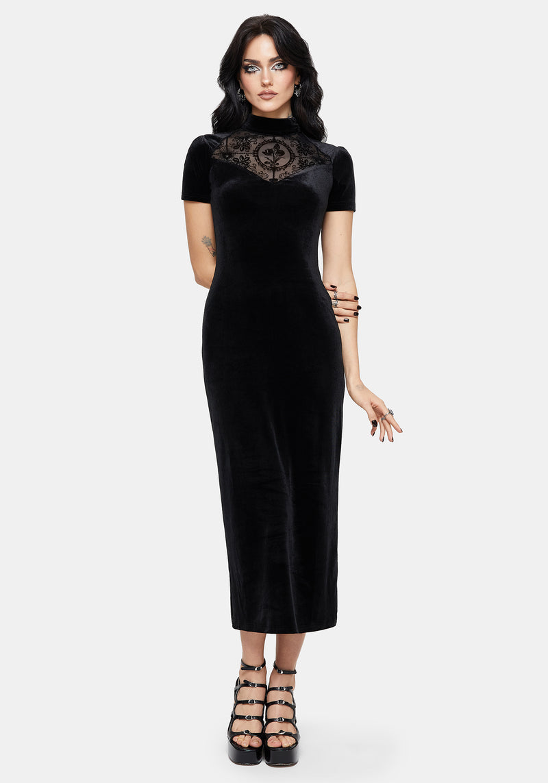 Cameo High Neck Flocked Mesh Insert Midi Dress – Disturbia