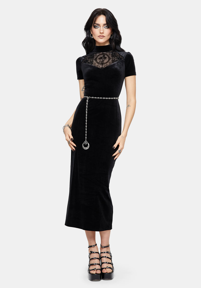 Cameo High Neck Flocked Mesh Insert Midi Dress Cameo High Neck Flocked Mesh Insert Midi Dress