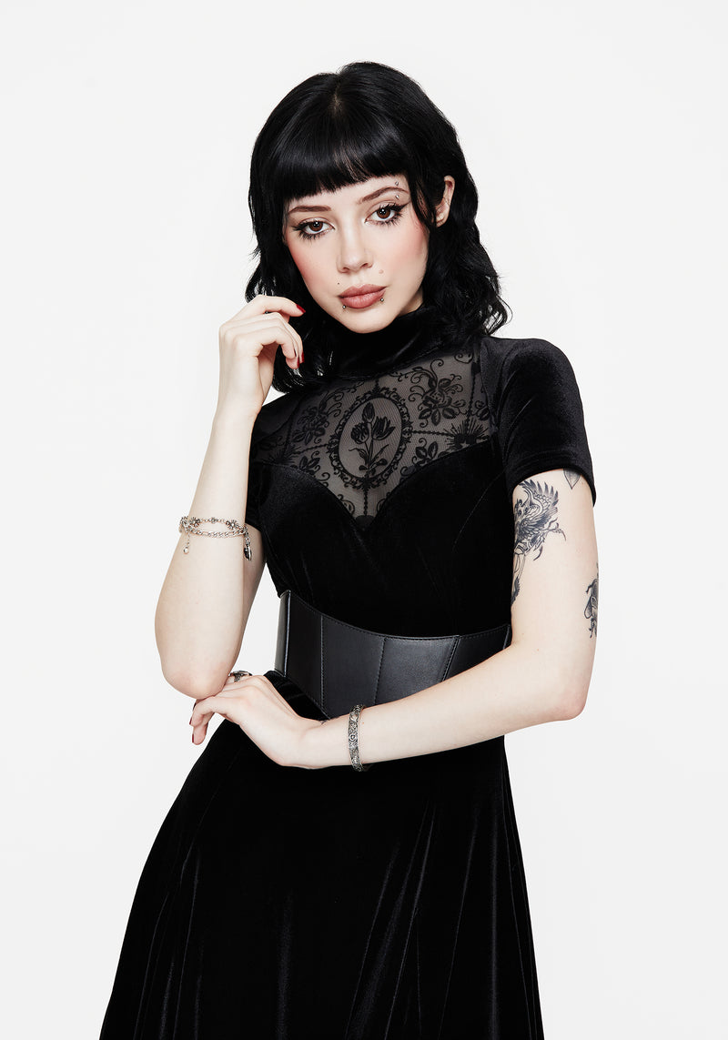 Cameo High Neck Flocked Mesh Insert Skater Mini Dress Disturbia Cameo High Neck Flocked Mesh Insert Skater Mini Dress Disturbia