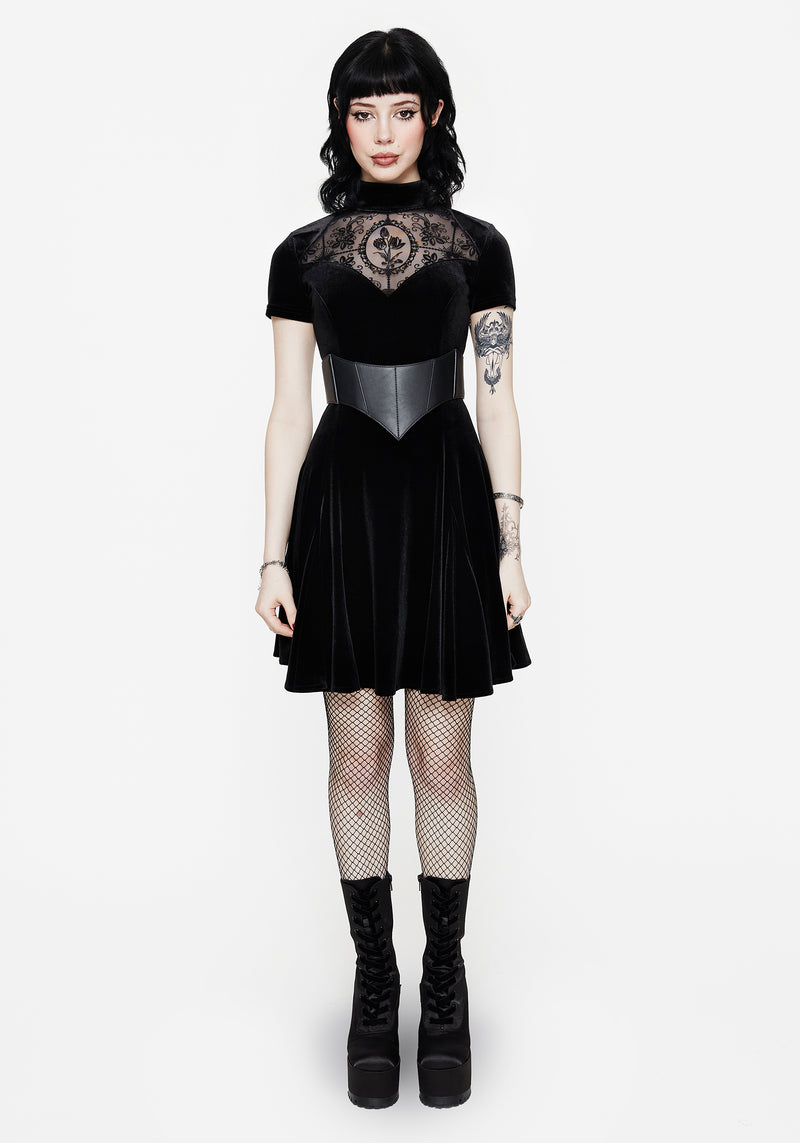 Cameo High Neck Flocked Mesh Insert Skater Mini Dress Disturbia Cameo High Neck Flocked Mesh Insert Skater Mini Dress Disturbia