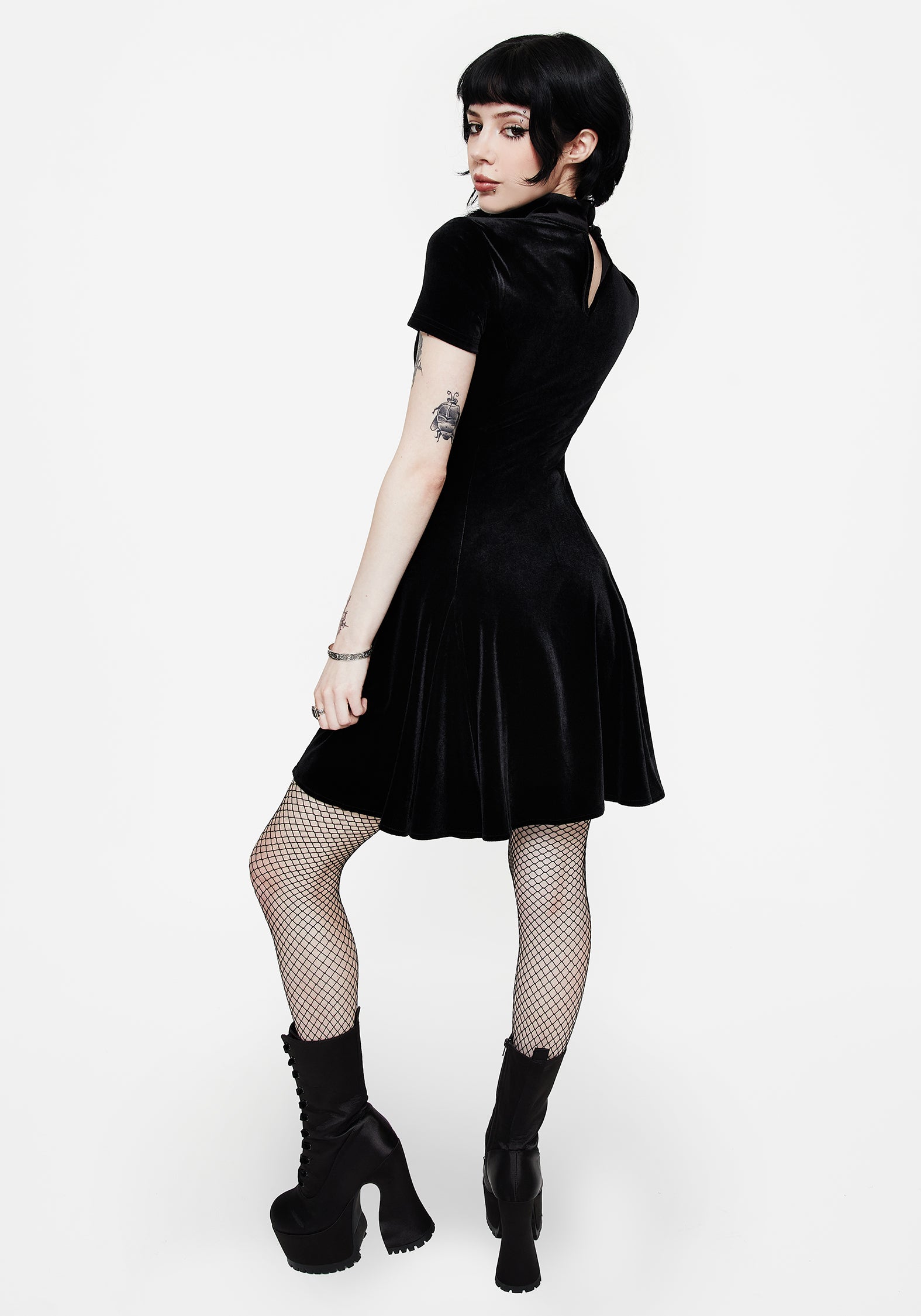Cameo High Neck Flocked Mesh Insert Skater Mini Dress