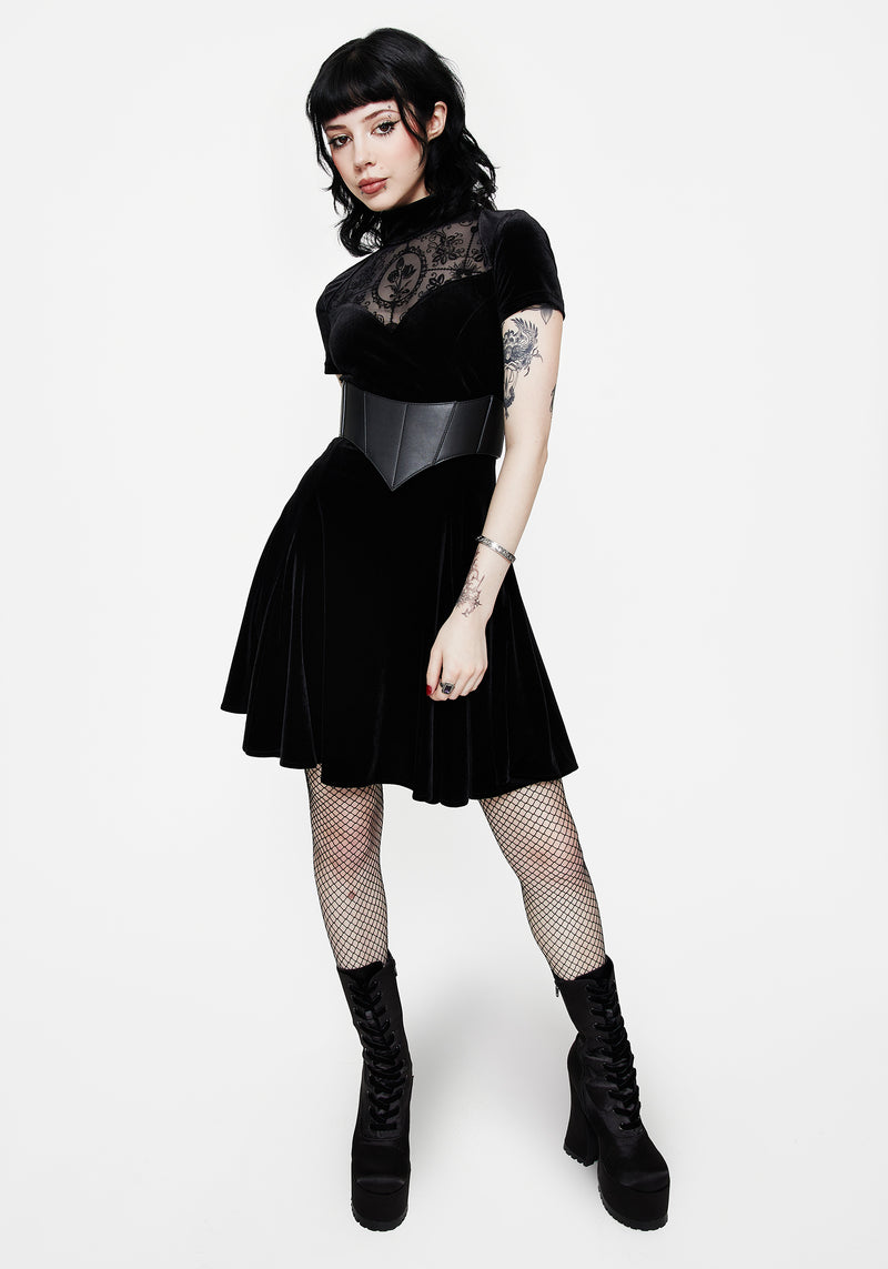 Cameo High Neck Flocked Mesh Insert Skater Mini Dress Disturbia Cameo High Neck Flocked Mesh Insert Skater Mini Dress Disturbia