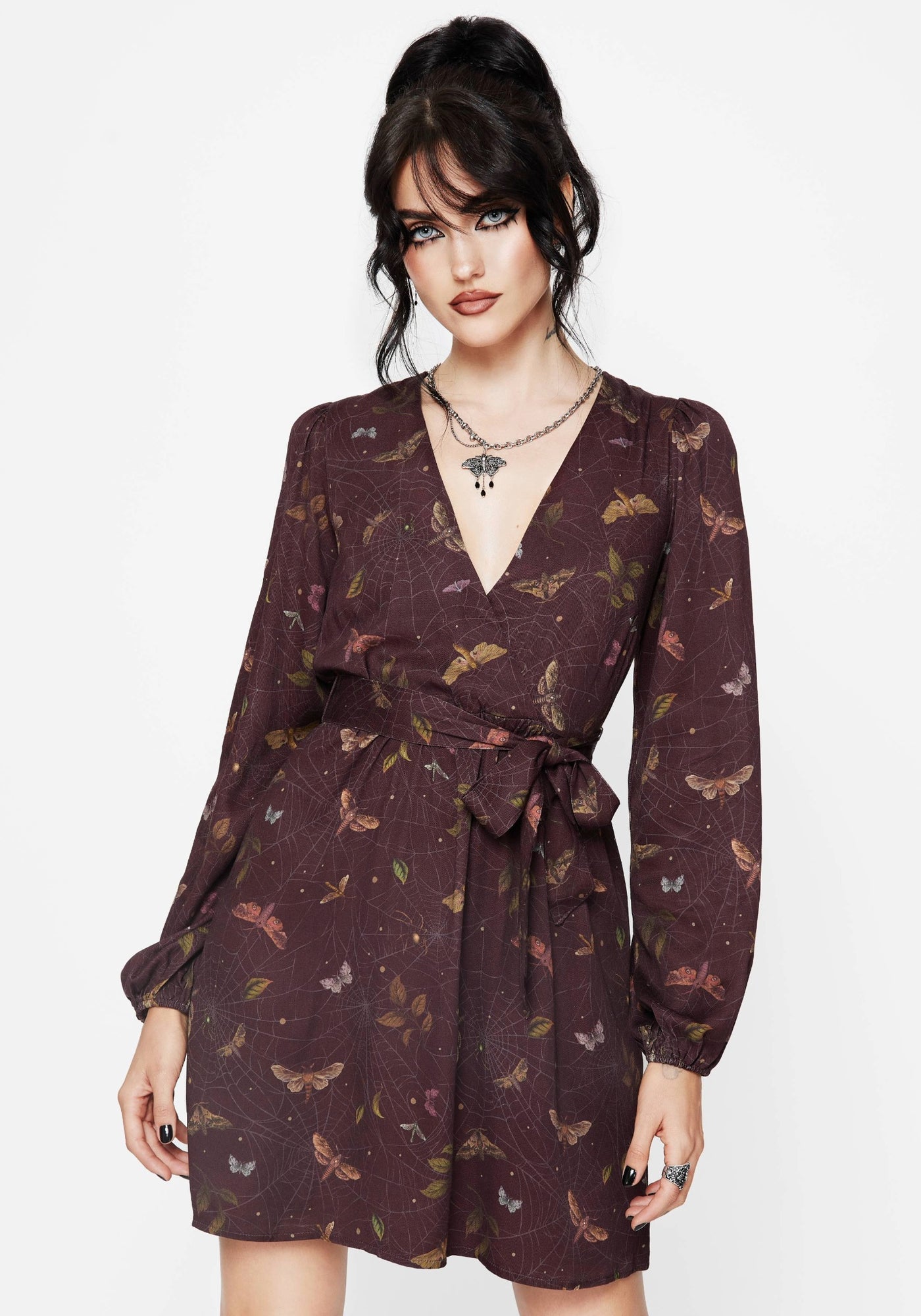 celia mini dress Celia Moth Printed Mini Wrap Dress – Disturbia