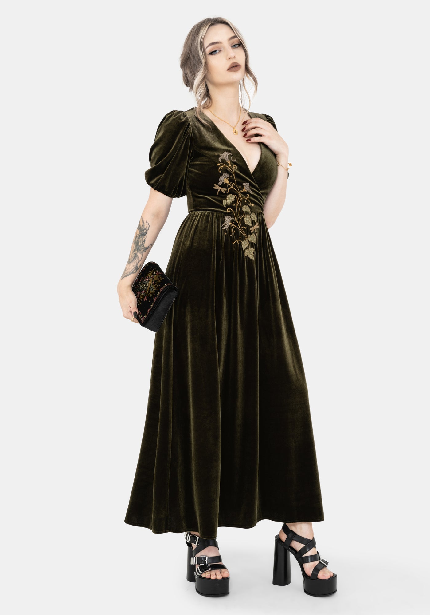 Noura Floral Dragonfly Embroidered Puffball Sleeve Velour Midaxi