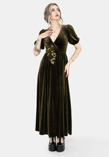 Noura Floral Dragonfly Embroidered Puffball Sleeve Velour Midaxi Dress