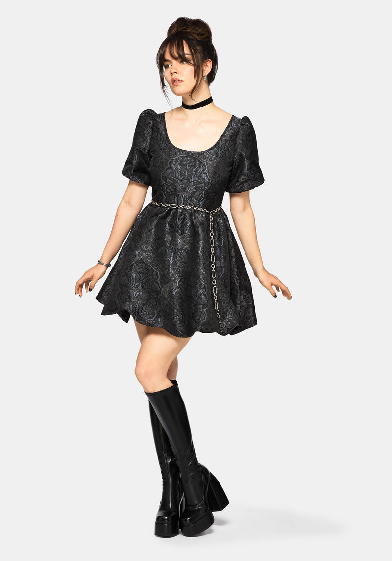 Nocturna Jacquard Scoop Neck Puffball Mini Dress