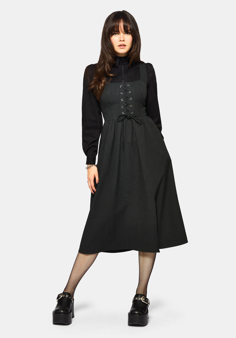 Gloom Lace Up Front Corset Detail Pinstripe Midi Dress Disturbia Gloom Lace Up Front Corset Detail Pinstripe Midi Dress Disturbia
