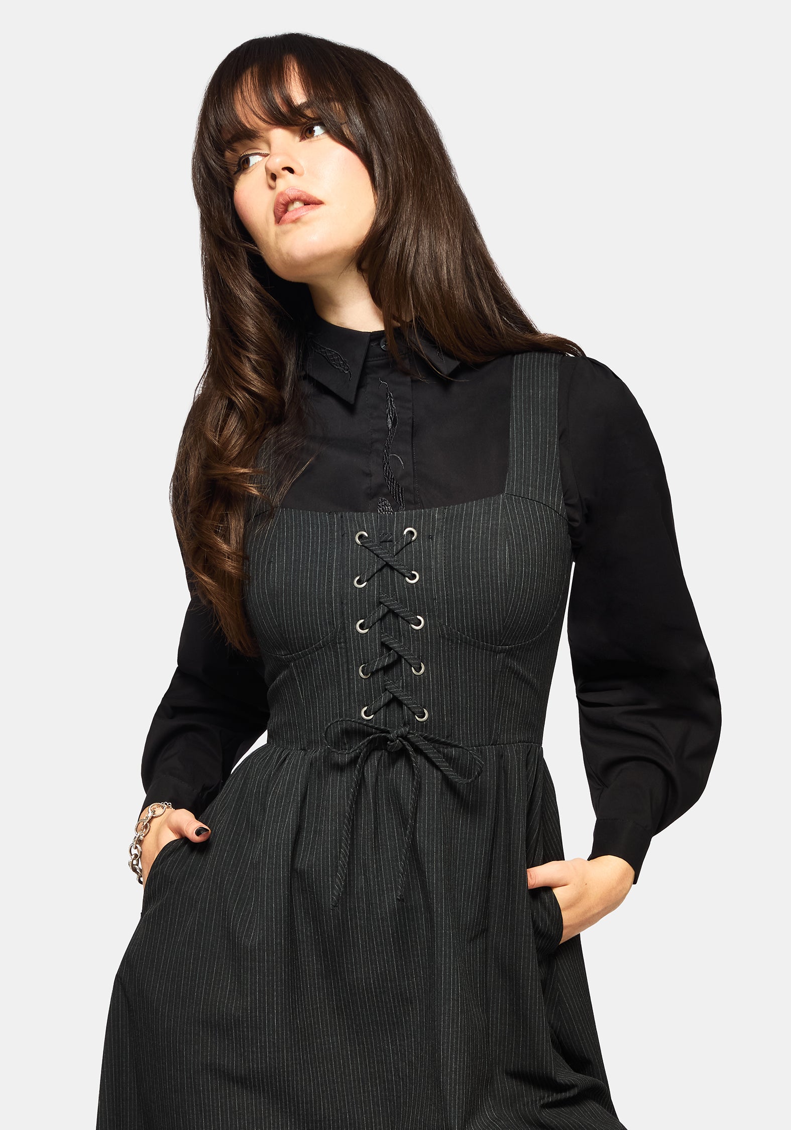 pinstripe corset dress Gloom Lace Up Front Corset Detail Pinstripe Midi Dress
