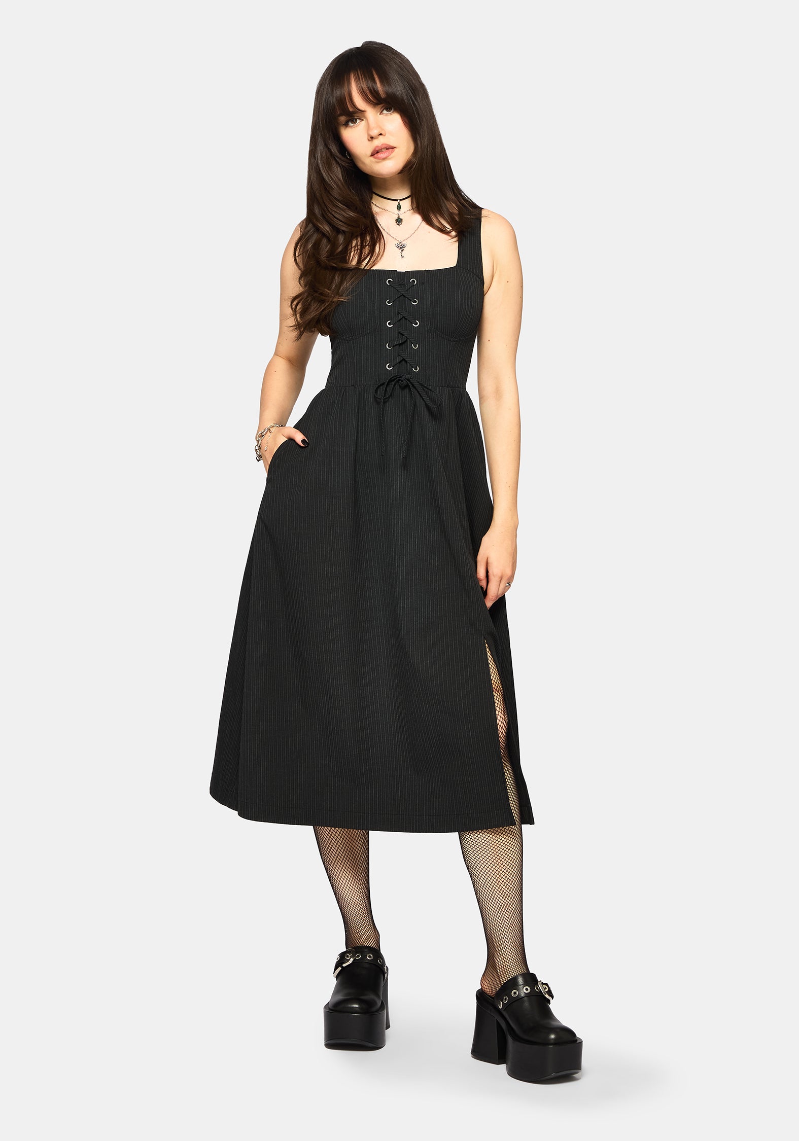Gloom Lace Up Front Corset Detail Pinstripe Midi Dress – Disturbia
