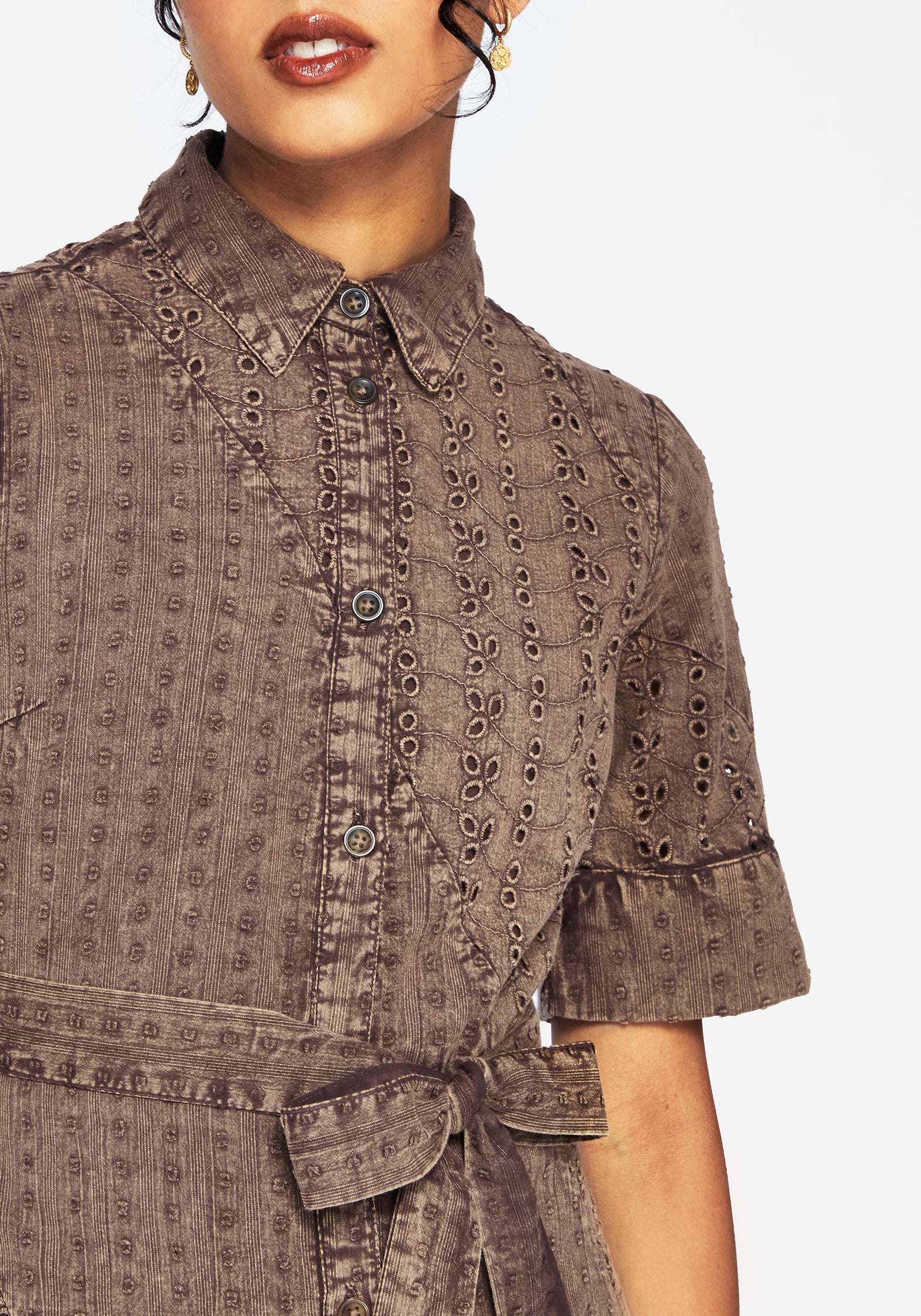 Summerisle Cotton Broderie Detail Tie Wrap Midi Shirt Dress