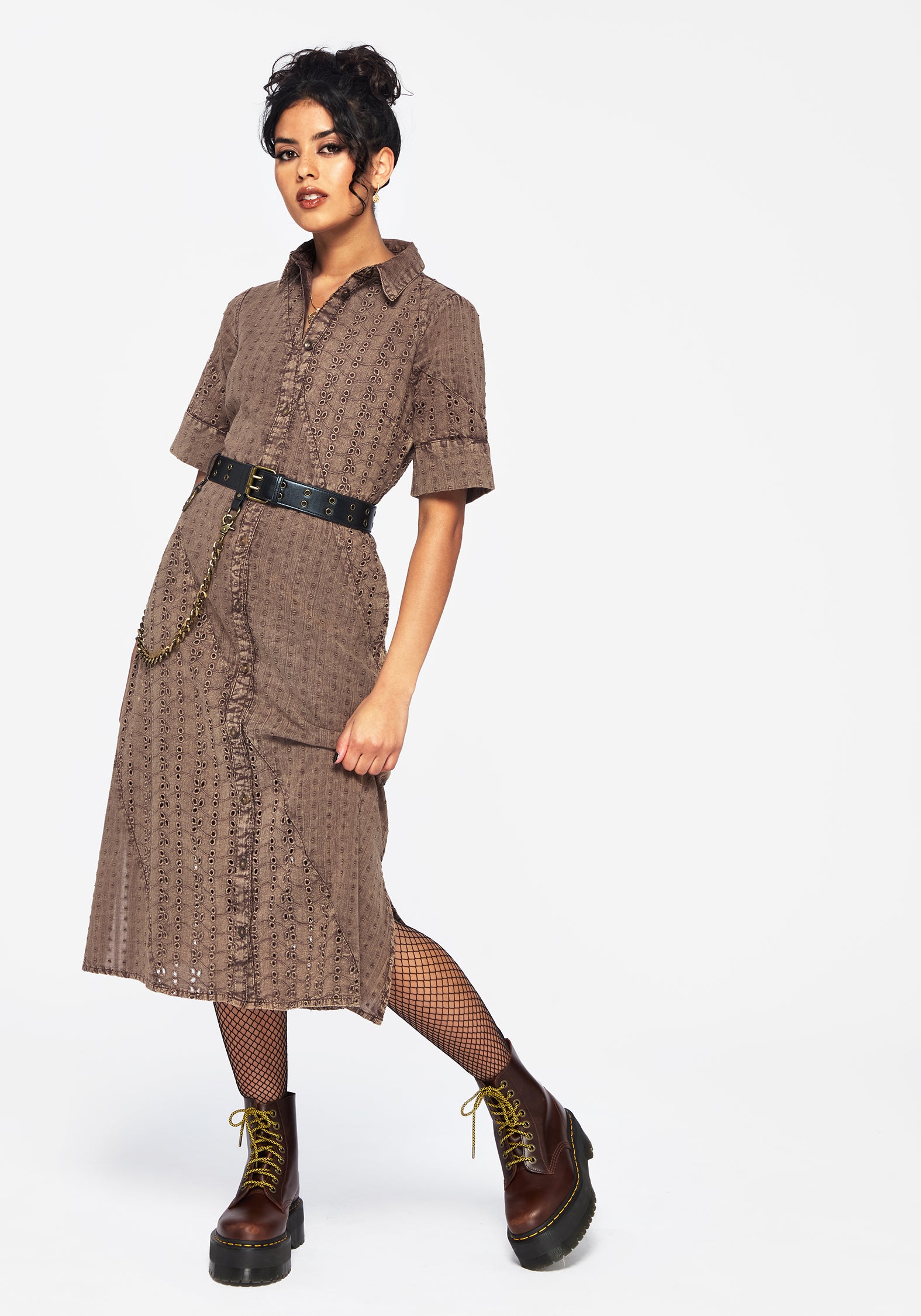 Summerisle Cotton Broderie Detail Tie Wrap Midi Shirt Dress