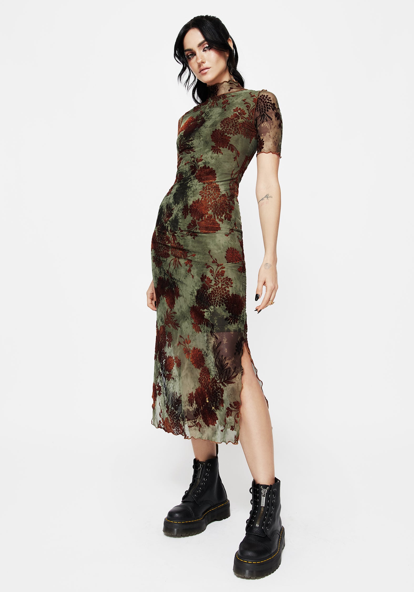 Rosaleigh Flock Velour Mesh Short Sleeved Midaxi Dress | Disturbia