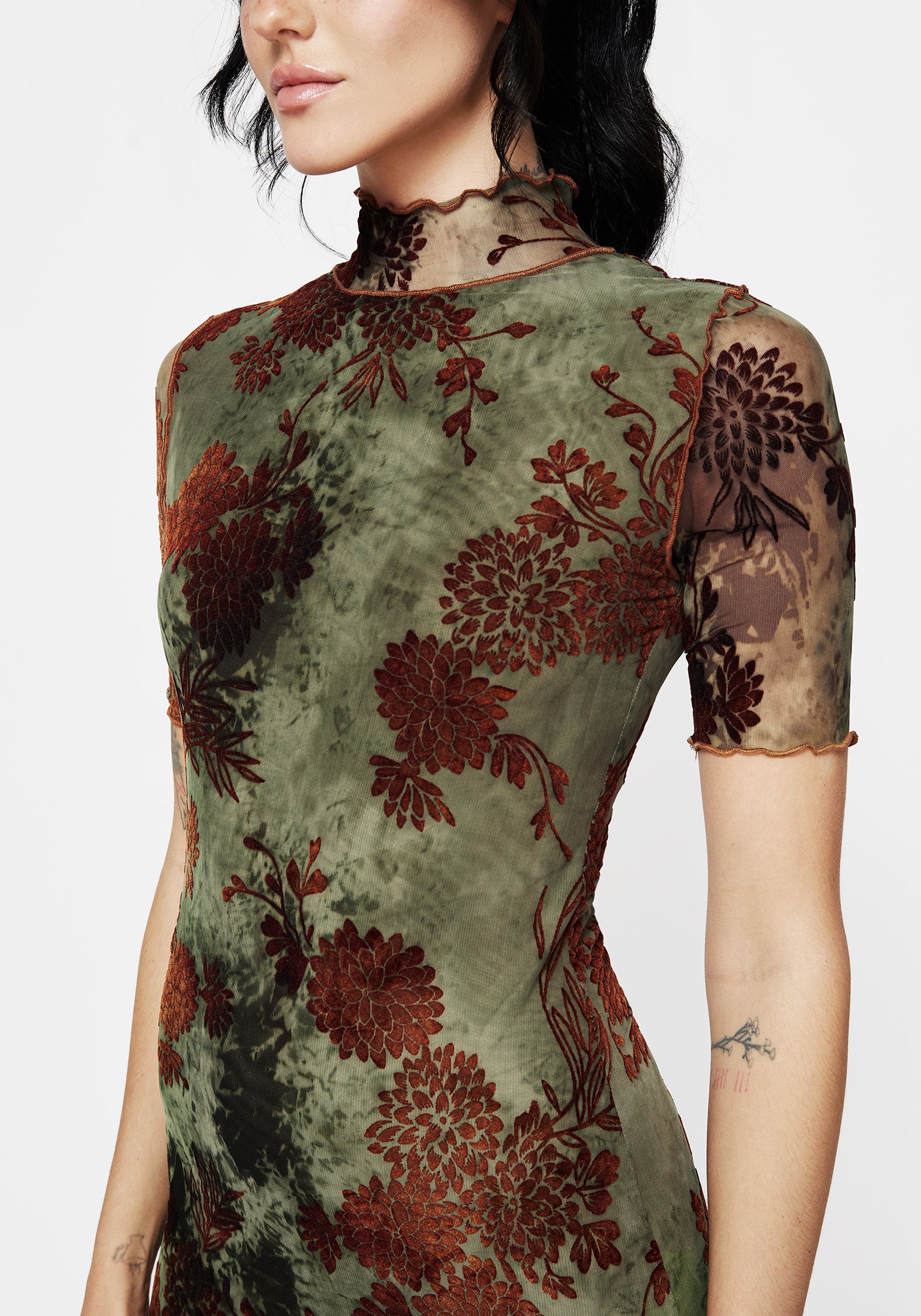 Rosaleigh Flock Velour Mesh Short Sleeved Midaxi Dress | Disturbia