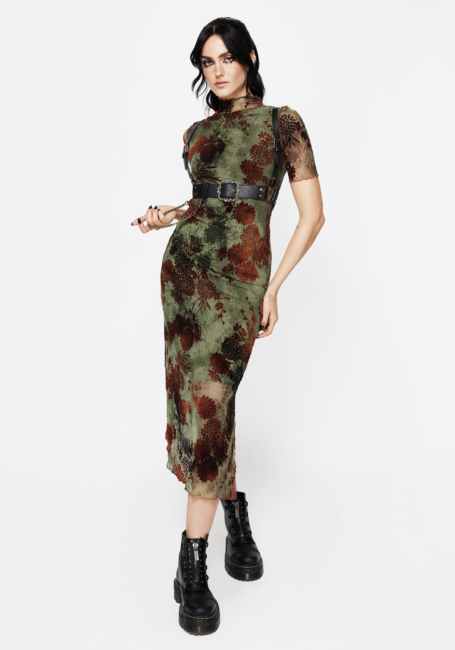 Rosaleigh Flock Velour Mesh Short Sleeved Midaxi Dress | Disturbia