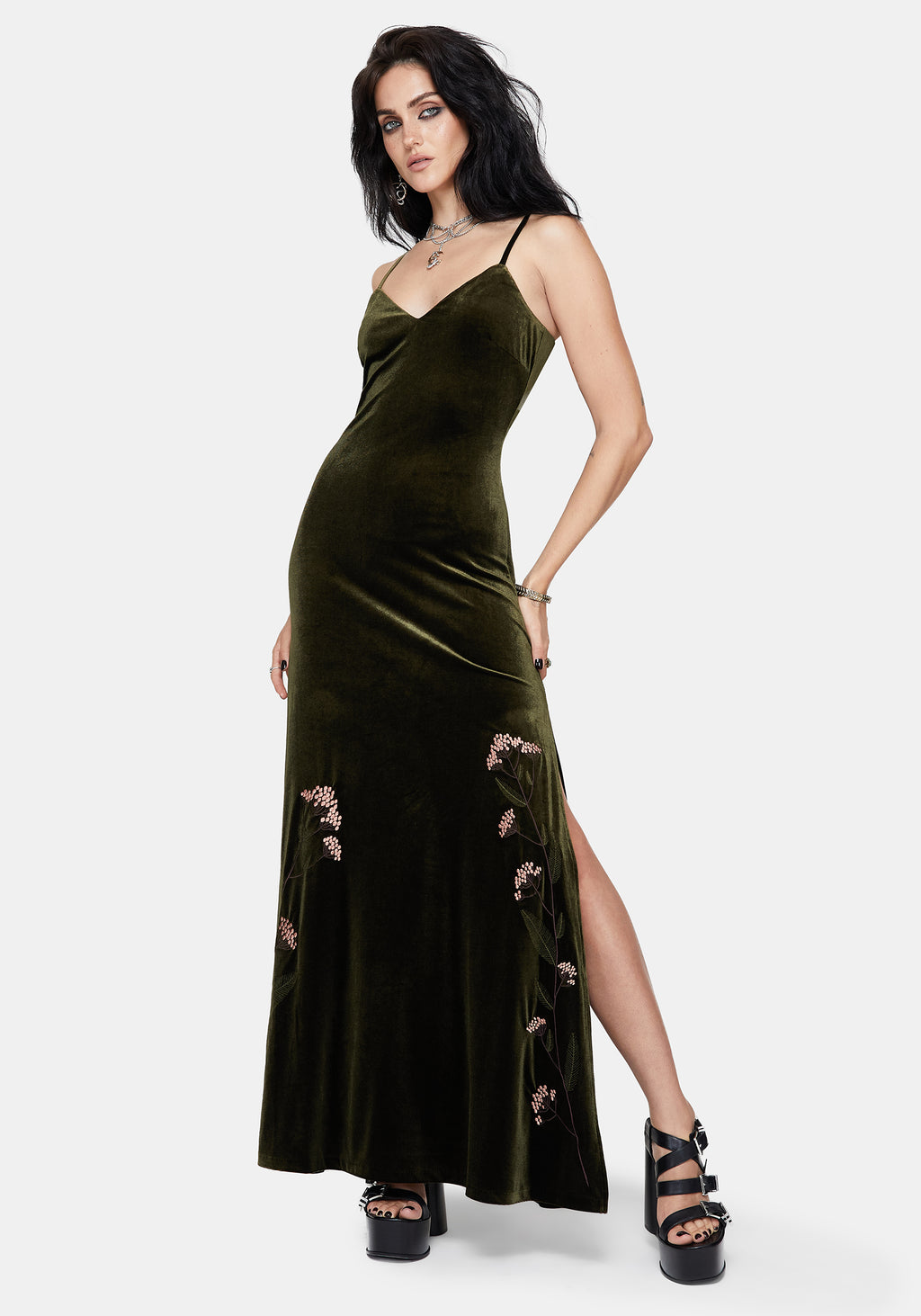 Virosa Floral Embroidered Velour Gown - Green Disturbia Virosa Floral Embroidered Velour Gown - Green Disturbia