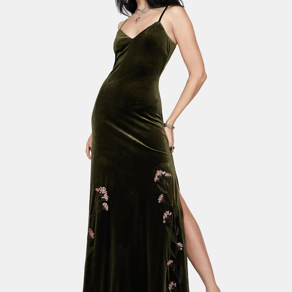 Virosa Floral Embroidered Velour Gown