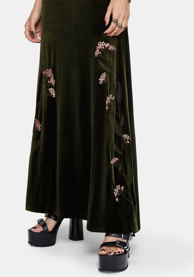 Virosa Floral Embroidered Velour Gown - Green Disturbia Virosa Floral Embroidered Velour Gown - Green Disturbia