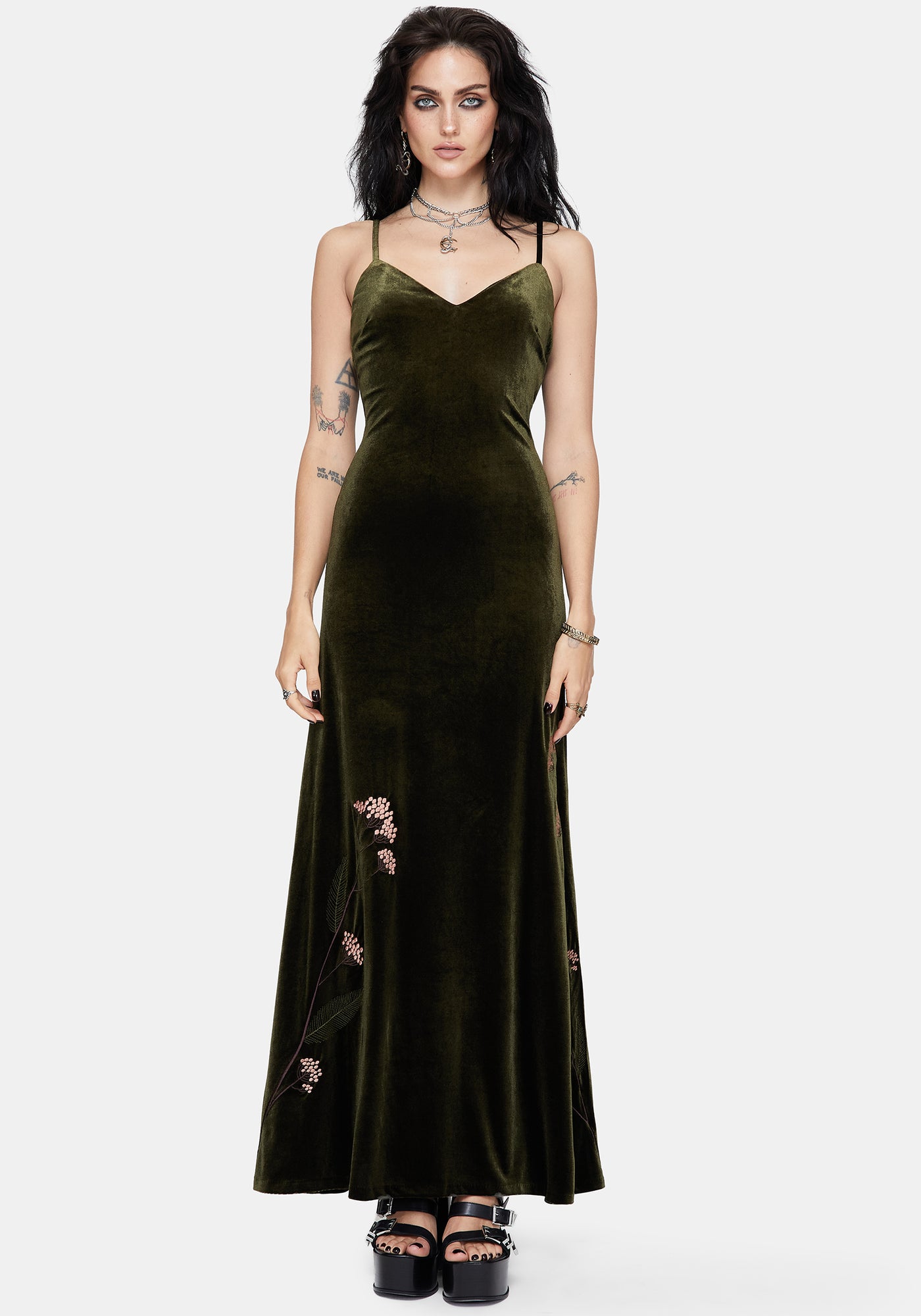 Virosa Floral Embroidered Velour Gown - Green Disturbia Virosa Floral Embroidered Velour Gown - Green Disturbia