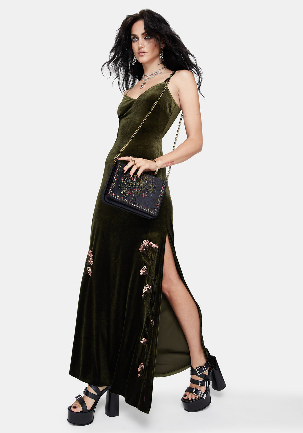 Virosa Floral Embroidered Velour Gown