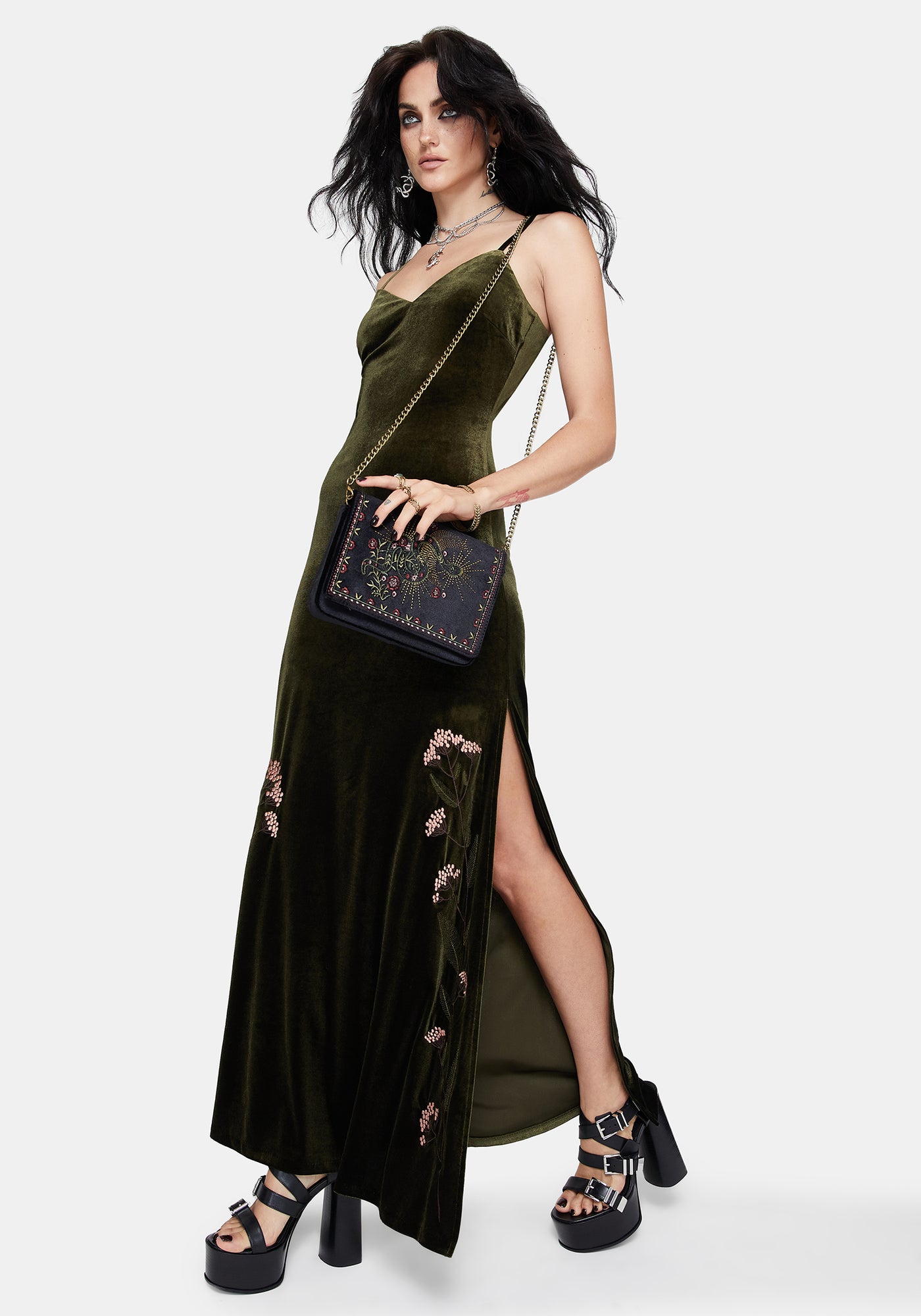 allureville ダークグリーン ベロアワンピース DR2625_VIROSAFLORALEMBROIDERED
