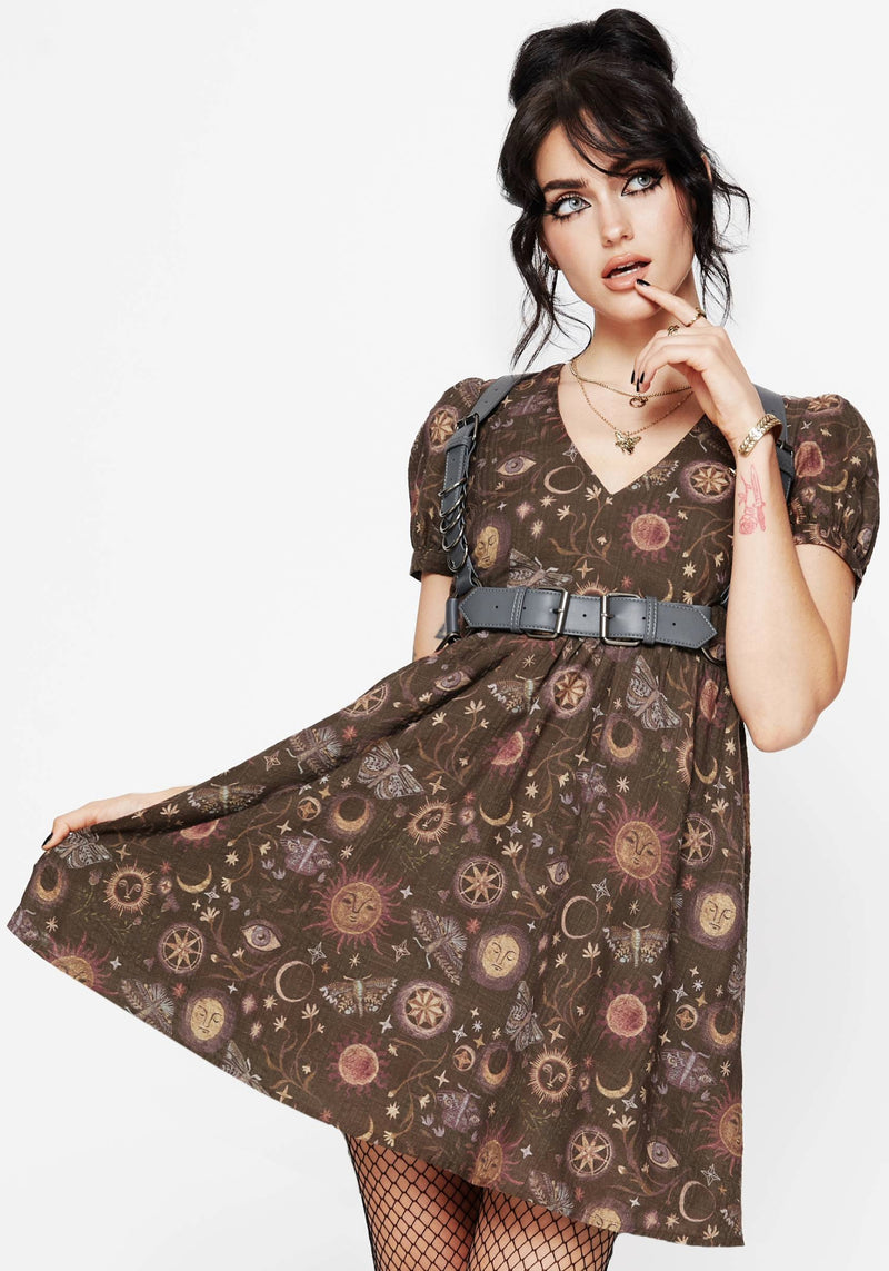Rhea Cotton Blend Moth and Moon Print Mini Smock Dress Rhea Cotton Blend Moth and Moon Print Mini Smock Dress