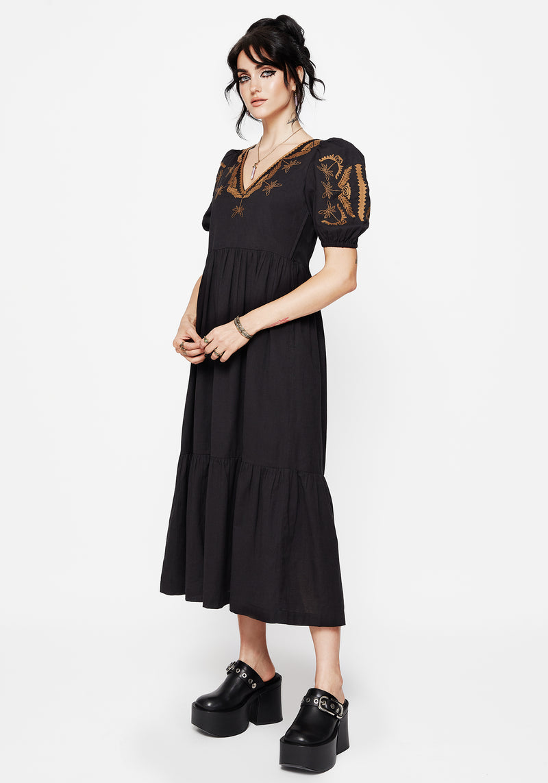 Emberflit Cotton Blend Moth Embroidered Smock Maxi Dress