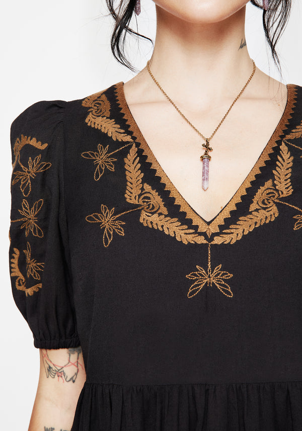 Emberflit Cotton Blend Moth Embroidered Smock Maxi Dress