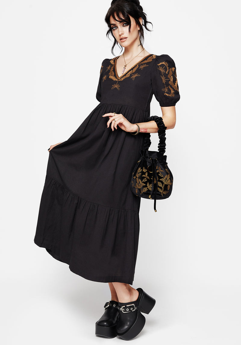 Emberflit Cotton Blend Moth Embroidered Smock Maxi Dress – Disturbia Emberflit Cotton Blend Moth Embroidered Smock Maxi Dress – Disturbia