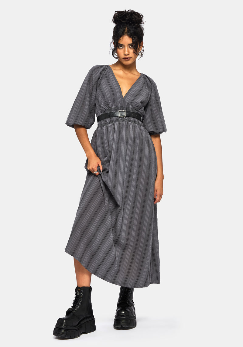 Grove Cotton Stripe Long Sleeve Shirred Tie Back Midaxi Dress