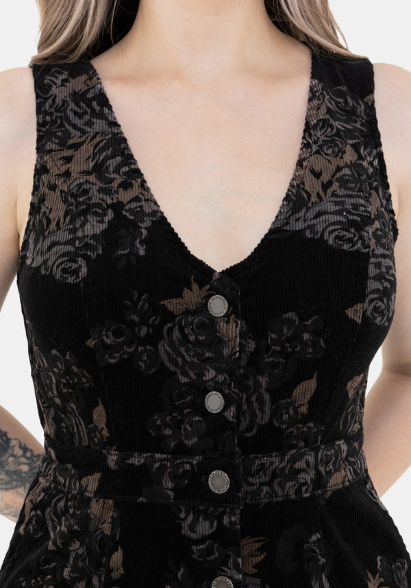 Fleur Corduroy Deep V Neck Floral Print Mini Dress