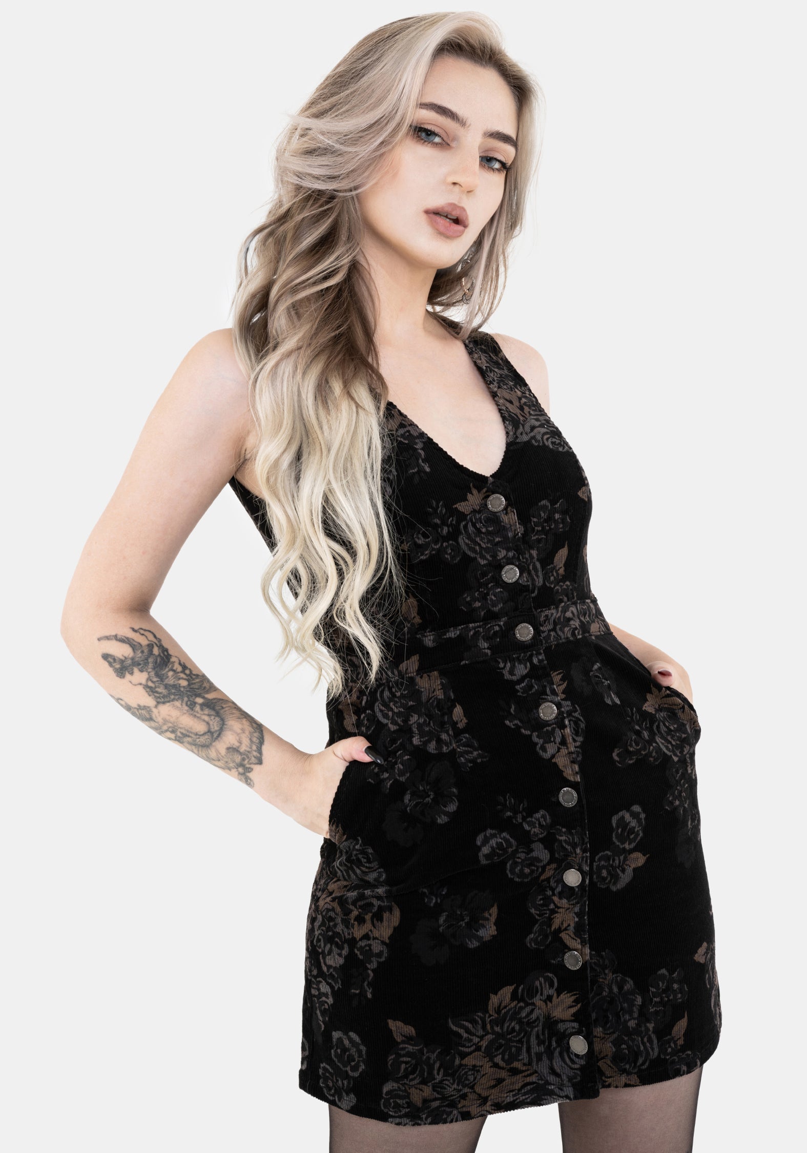 Fleur Corduroy Deep V Neck Floral Print Mini Dress – Disturbia