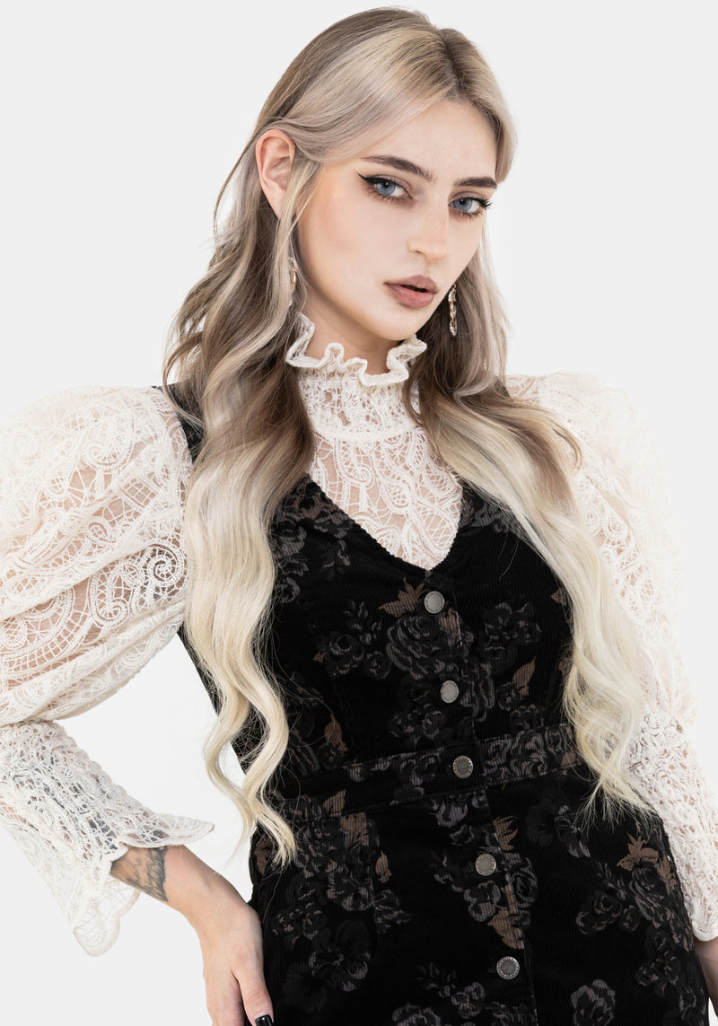 Fleur Corduroy Deep V Neck Floral Print Mini Dress