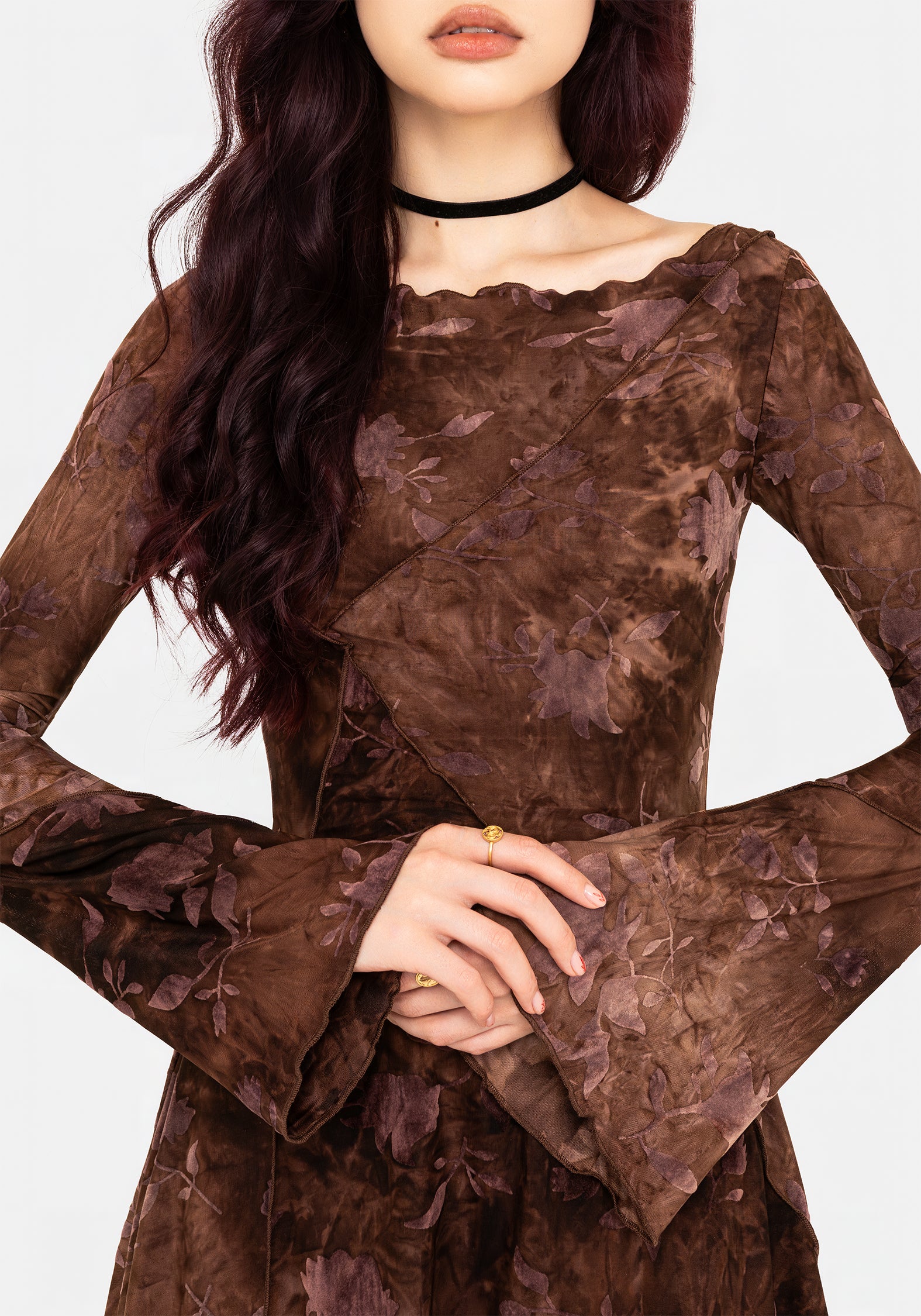 brown bright flora long sleeve mini dress FARM Rio Bright Flora Brown Long Sleeve Mini Dress