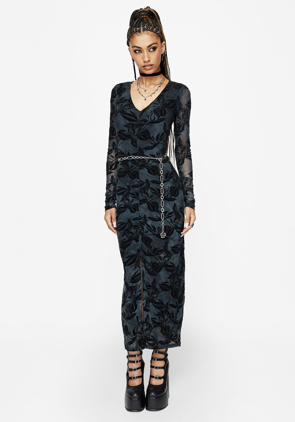 Bryn Floral Flocked Mesh Ruched Long Sleeve Midaxi Dress Disturbia Bryn Floral Flocked Mesh Ruched Long Sleeve Midaxi Dress Disturbia
