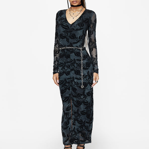 Bryn Floral Flocked Mesh Ruched Long Sleeve Midaxi Dress  Disturbia