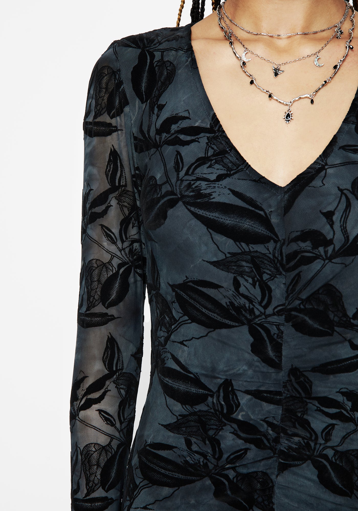 Bryn Floral Flocked Mesh Ruched Long Sleeve Midaxi Dress – Disturbia