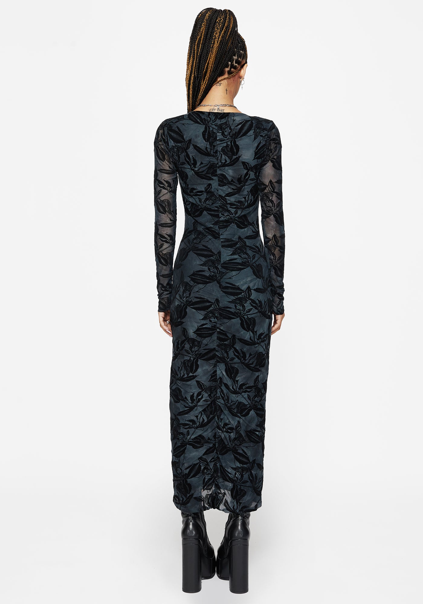 knee length dresses for ladies Bryn Floral Flocked Mesh Ruched Long Sleeve Midaxi Dress – Disturbia