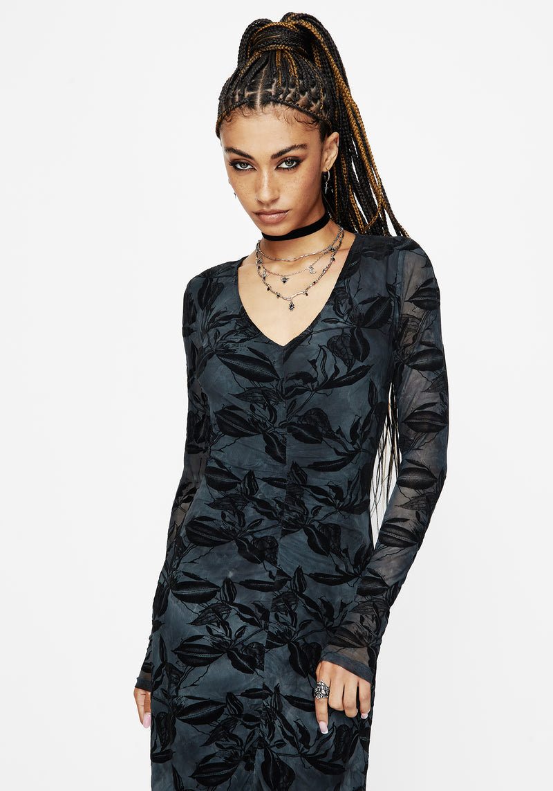 Bryn Floral Flocked Mesh Ruched Long Sleeve Midaxi Dress Disturbia Bryn Floral Flocked Mesh Ruched Long Sleeve Midaxi Dress Disturbia