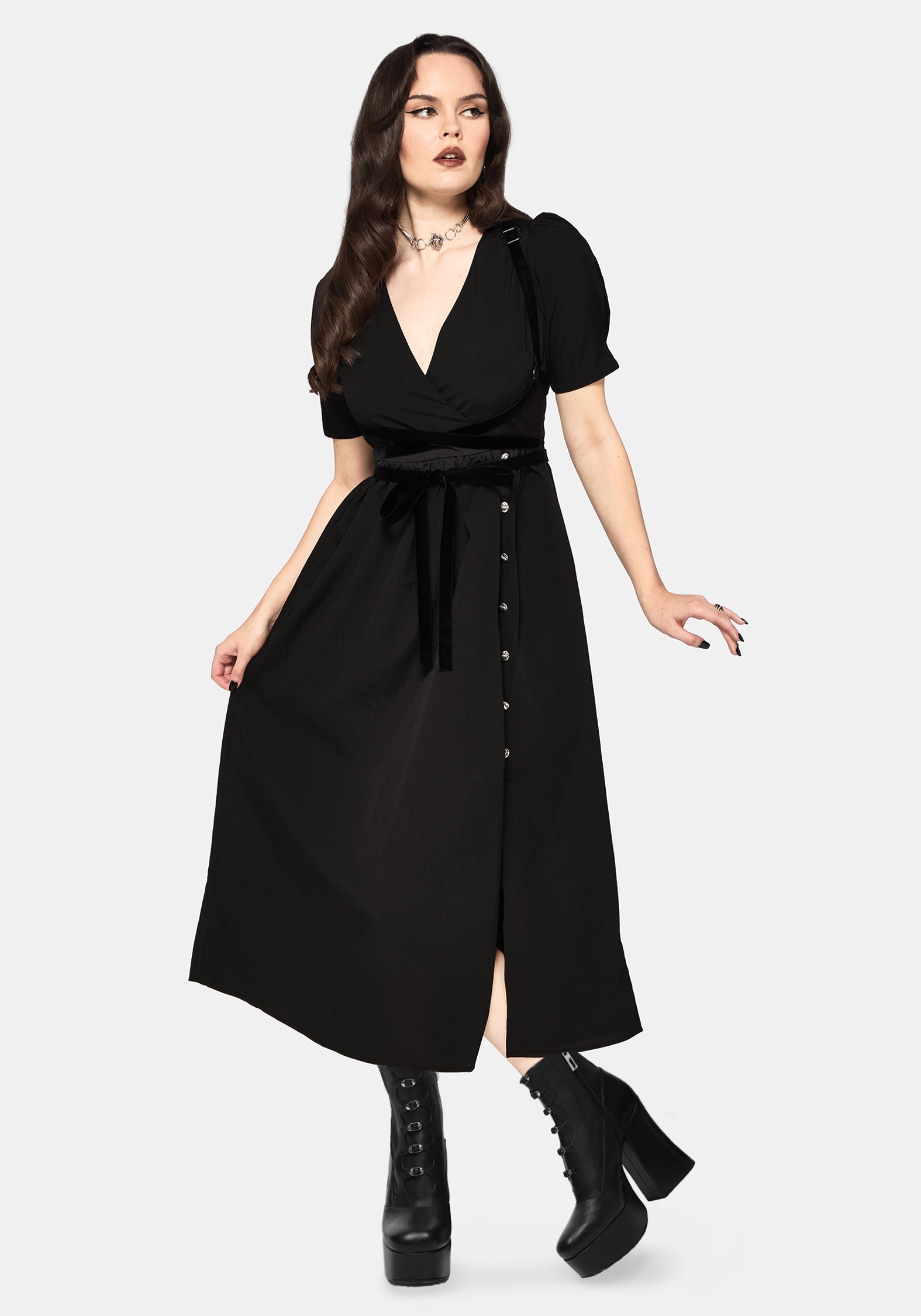 Brae Wrap Puff Sleeve Centipede Button Midaxi Dress
