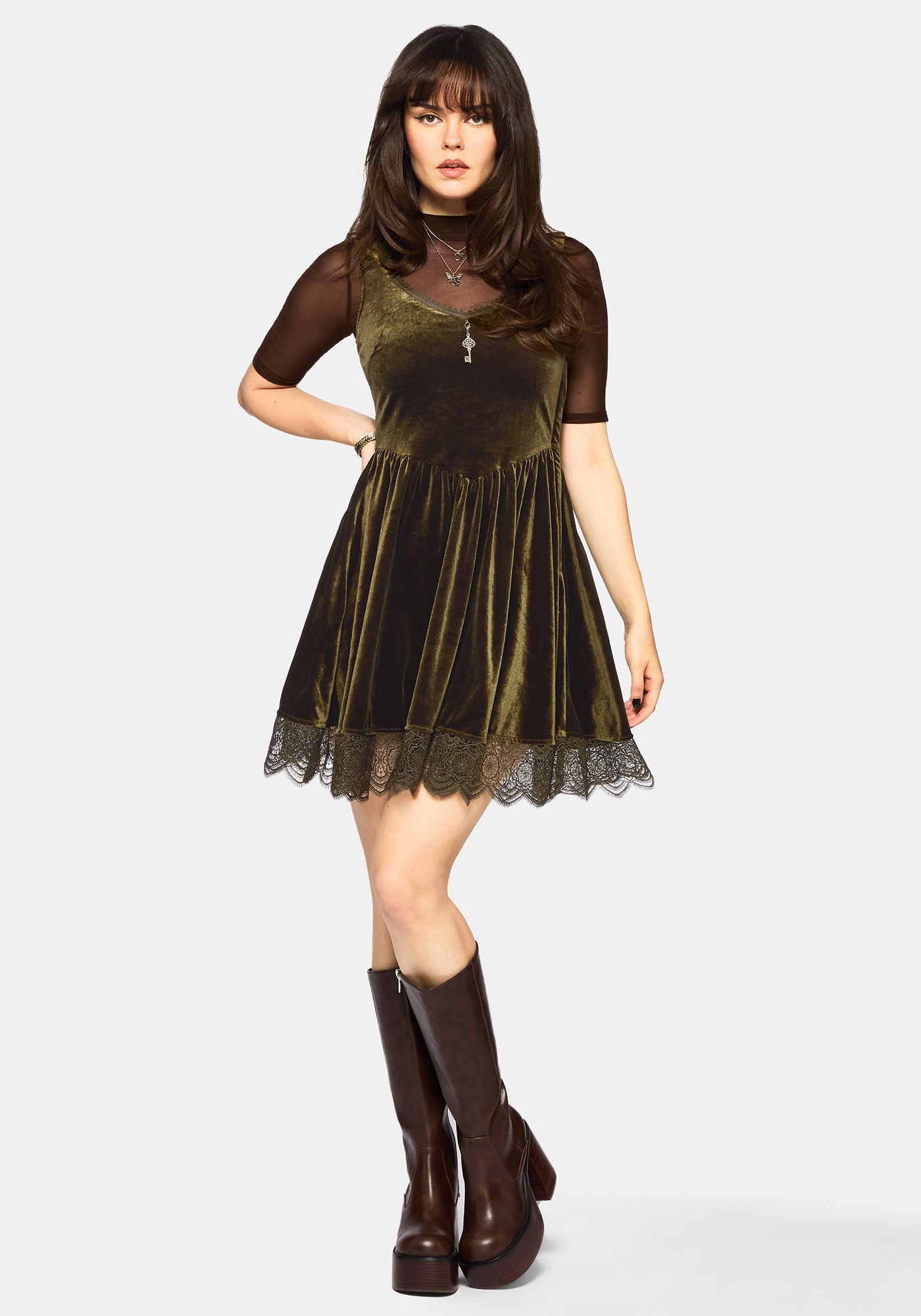 Orbweb Lace Hem Velour Mini Dress - Dark Green – Disturbia