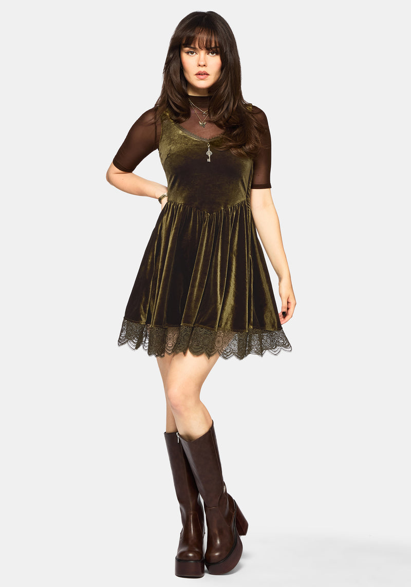 Orbweb Lace Hem Velour Mini Dress - Dark Green Disturbia Orbweb Lace Hem Velour Mini Dress - Dark Green Disturbia
