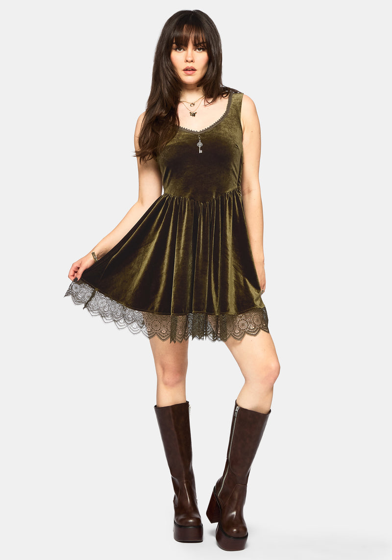 Orbweb Lace Hem Velour Mini Dress - Dark Green