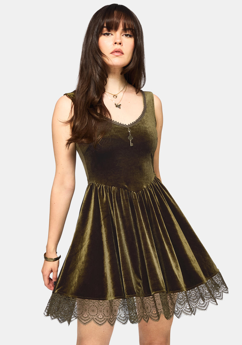 Orbweb Lace Hem Velour Mini Dress - Dark Green