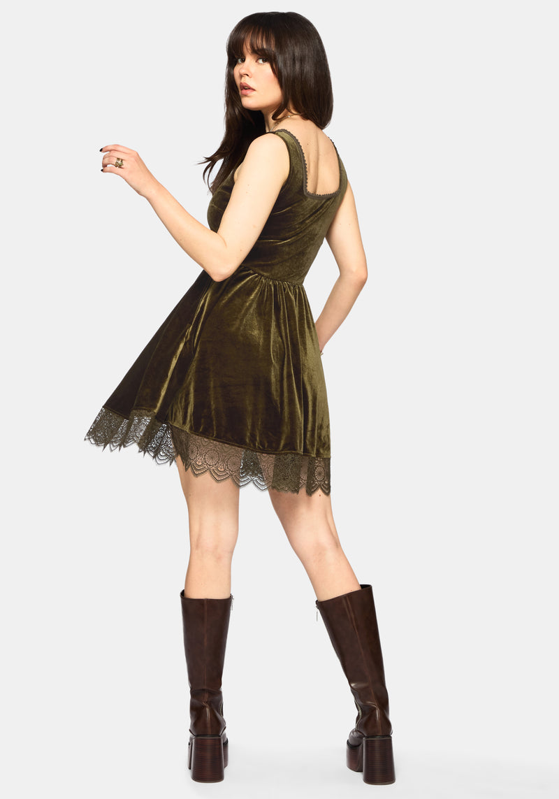 Orbweb Lace Hem Velour Mini Dress - Dark Green Disturbia Orbweb Lace Hem Velour Mini Dress - Dark Green Disturbia