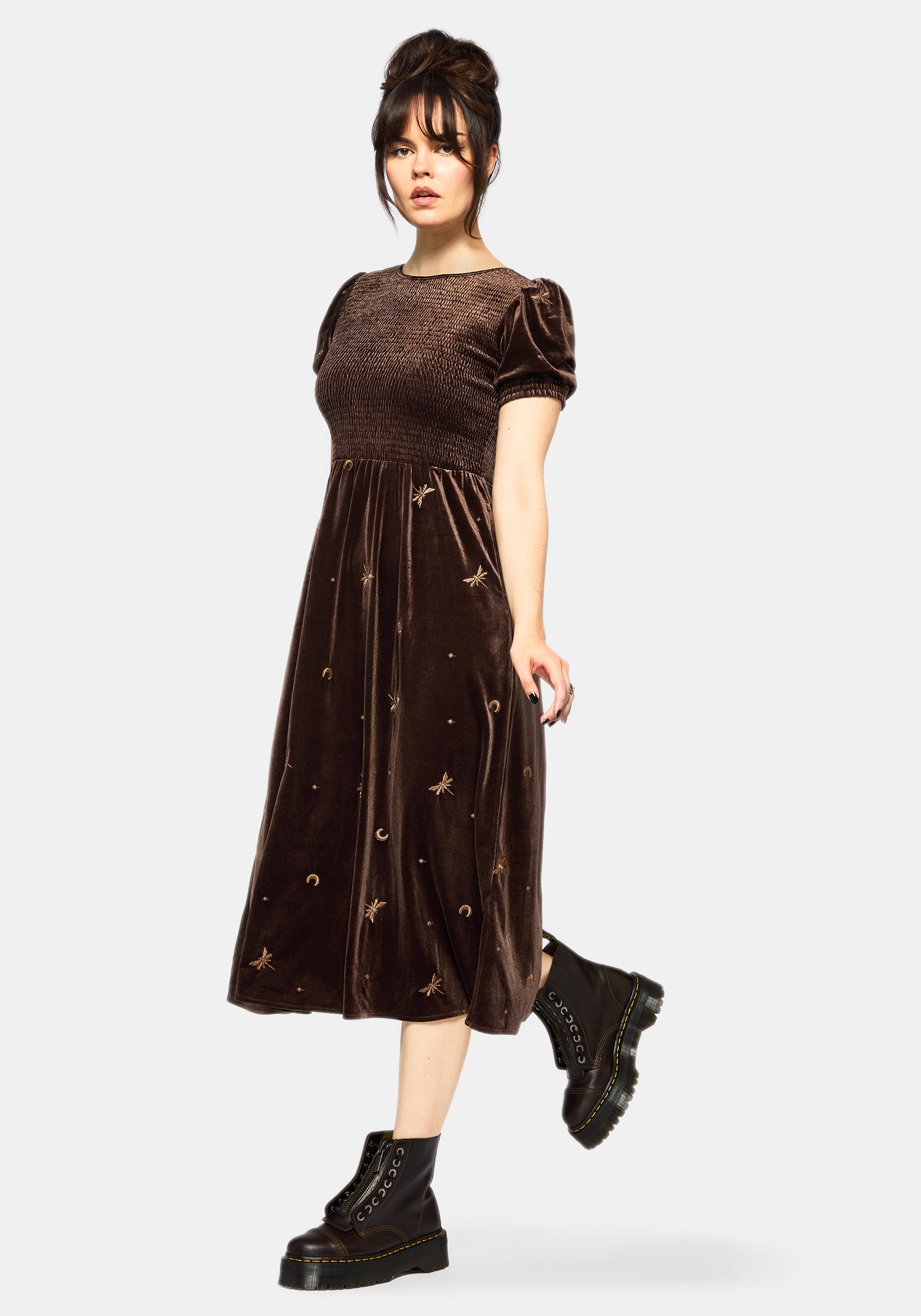 Seraphine Dragonfly Embroidered Velour Smocked Bodice Midi Dress