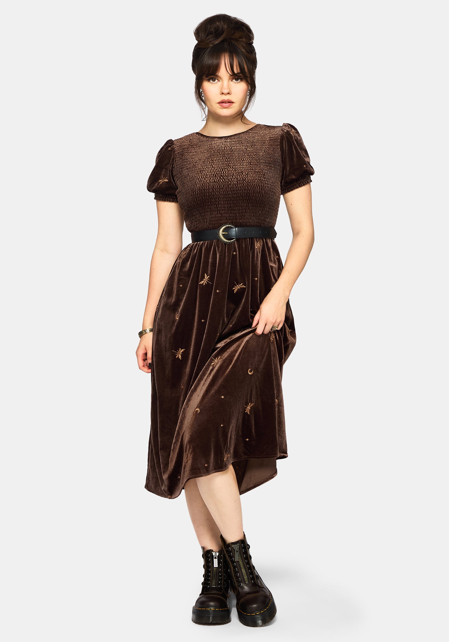 Seraphine Dragonfly Embroidered Velour Smocked Bodice Midi Dress – Disturbia