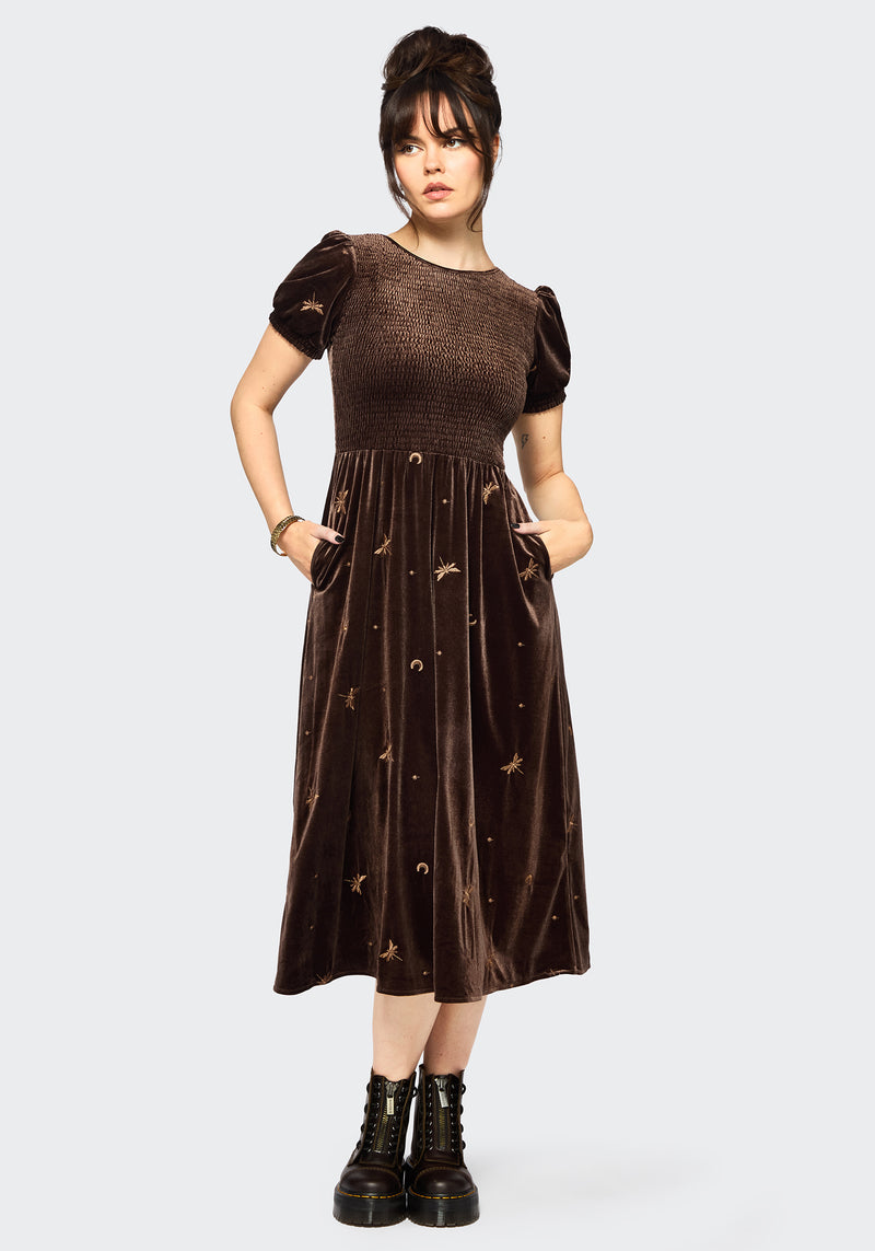 smocked bodice midi dress Seraphine Dragonfly Embroidered Velour Smocked Bodice Midi Dress – Disturbia