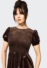 Seraphine Dragonfly Embroidered Velour Smocked Bodice Midi Dress